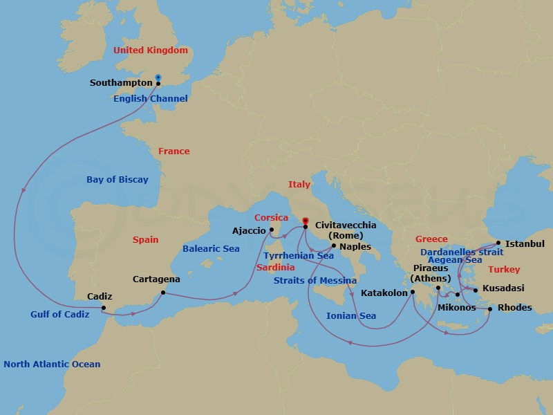22 Night - Mediterranean, Greek Islands and Turkiye - Queen Elizabeth - Starting in Southampton, England, UK, Cadiz (tours to Seville), Spain, Cartagena ES, Ajaccio, Corsica, France, Civitavecchia (tours to Rome), Italy, Messina Strait, Italy (Transit), Katakolon (tours to Olympia), Greece, Rhodes, Greece, Dardanelles Strait, Turkey (Transit), Istanbul, Turkey, Dardanelles Strait, Turkey (Transit), Kusadasi (tours to Ephesus), Turkey, Mykonos, Greece, Piraeus (tours to Athens), Greece, Naples (tours to Capri or Pompeii), Italy, Civitavecchia (tours to Rome), Italy itinerary map