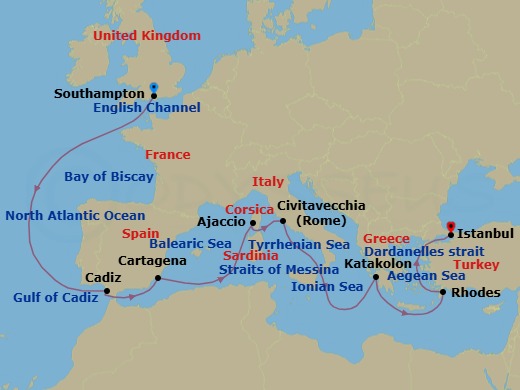 15 Night - Mediterranean and Greek Islands - Queen Elizabeth - Starting in Southampton, England, UK, Cadiz (tours to Seville), Spain, Cartagena ES, Ajaccio, Corsica, France, Civitavecchia (tours to Rome), Italy, Messina Strait, Italy (Transit), Katakolon (tours to Olympia), Greece, Rhodes, Greece, Dardanelles Strait, Turkey (Transit), Istanbul, Turkey itinerary map