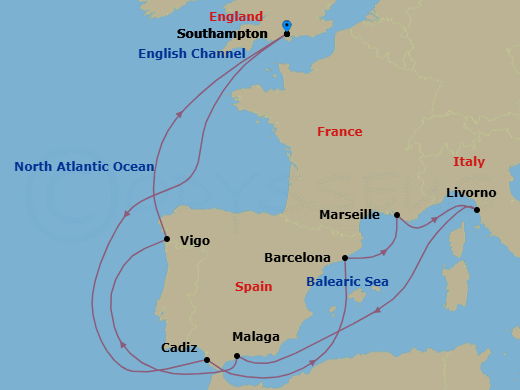 14 Night - Spain, France and Italy - Queen Mary 2 - Starting in Southampton, England, UK, Cadiz (tours to Seville), Spain, Barcelona, Spain, Marseille, France, Livorno (tours to Florence or Pisa), Italy, Malaga (tours to Granada), Spain, Vigo (tours to Santiago de Compostela), Spain, Southampton, England, UK itinerary map