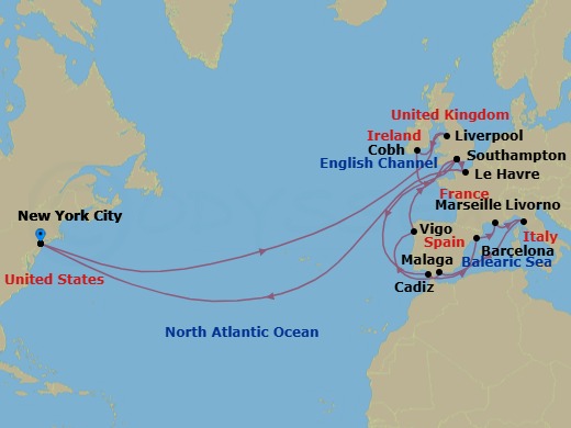 34 Night - The Four Queens Celebration - Queen Mary 2 - Starting in New York, NY, Liverpool, England, UK, Cobh (tours to Cork), Ireland, Southampton, England, UK, Cadiz (tours to Seville), Spain, Barcelona, Spain, Marseille, France, Livorno (tours to Florence or Pisa), Italy, Malaga (tours to Granada), Spain, Vigo (tours to Santiago de Compostela), Spain, Southampton, England, UK, Le Havre, France, New York, NY itinerary map