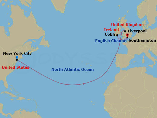 12 Night - The Four Queens Celebration - Queen Mary 2 - Starting in New York, NY, Liverpool, England, UK, Cobh (tours to Cork), Ireland, Southampton, England, UK itinerary map