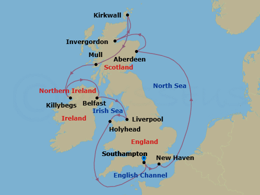 14 Night - The Four Queens Celebration - Queen Victoria - Starting in Southampton, England, UK, Newhaven (for Edinburgh), Scotland, UK, Aberdeen, UK, Invergordon (tours to Inverness or Loch Ness), Scotland, UK, Kirkwall, Orkney, Scotland, UK, Isle of Mull (Scenic Cruising) United Kingdom, Killybegs (tours to Donegal), Ireland, Belfast, NI, UK, Liverpool, England, UK, Holyhead, Anglesey, Wales, UK, Southampton, England, UK itinerary map