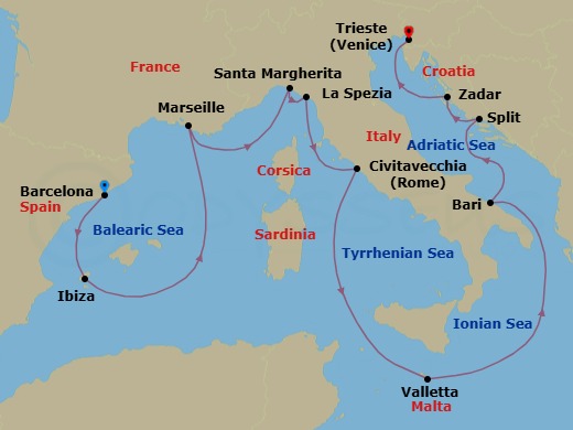 14 Night - Mediterranean and Adriatic - Queen Elizabeth - Starting in Barcelona, Spain, Ibiza, Spain, Marseille, France, Santa Margherita Ligure, Genoa, Italy, La Spezia (tours to Florence or Pisa), Italy, Civitavecchia (tours to Rome), Italy, Valletta, Malta, Bari, Italy, Split, Croatia, Zadar, Croatia, Trieste, Italy itinerary map