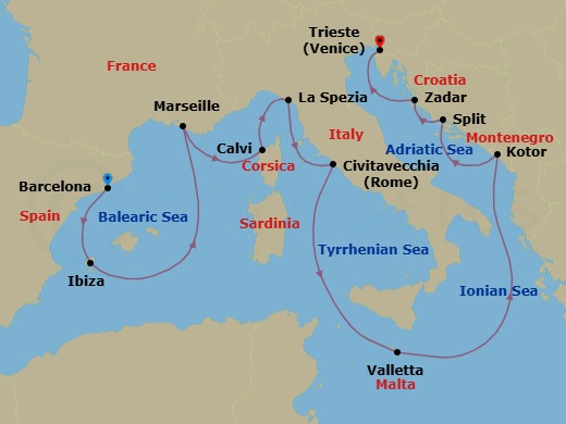14 Night - Mediterranean and Adriatic - Queen Elizabeth - Starting in Barcelona, Spain, Ibiza, Spain, Marseille, France, Calvi, Corsica, France, La Spezia (tours to Florence or Pisa), Italy, Civitavecchia (tours to Rome), Italy, Valletta, Malta, Kotor, Montenegro, Split, Croatia, Zadar, Croatia, Trieste, Italy itinerary map