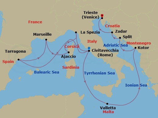 14 Night - Mediterranean and Adriatic - Queen Elizabeth - Starting in Civitavecchia (tours to Rome), Italy, Tarragona, Spain, Marseille, France, Ajaccio, Corsica, France, La Spezia (tours to Florence or Pisa), Italy, Civitavecchia (tours to Rome), Italy, Valletta, Malta, Kotor, Montenegro, Split, Croatia, Zadar, Croatia, Trieste, Italy itinerary map