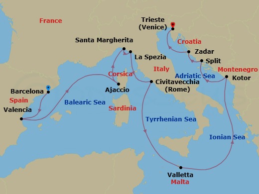 14 Night - Mediterranean and Adriatic - Queen Elizabeth - Starting in Barcelona, Spain, Valencia, Spain, Ajaccio, Corsica, France, Santa Margherita Ligure, Genoa, Italy, La Spezia (tours to Florence or Pisa), Italy, Civitavecchia (tours to Rome), Italy, Valletta, Malta, Kotor, Montenegro, Split, Croatia, Zadar, Croatia, Trieste, Italy itinerary map