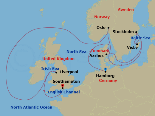 14 Night - The Four Queens Celebration - Queen Anne - Starting in Hamburg, Germany, Aarhus, Denmark, Visby, Sweden, Stockholm, Sweden, Oslo, Norway, Liverpool, England, UK, Southampton, England, UK itinerary map