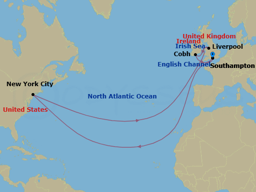 19 Night - The Four Queens Celebration - Queen Mary 2 - Starting in Southampton, England, UK, New York, NY, Liverpool, England, UK, Cobh (tours to Cork), Ireland, Southampton, England, UK itinerary map