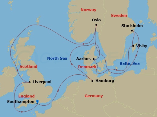 16 Night - The Four Queens Celebration - Queen Anne - Starting in Southampton, England, UK, Hamburg, Germany, Aarhus, Denmark, Visby, Sweden, Stockholm, Sweden, Oslo, Norway, Liverpool, England, UK, Southampton, England, UK itinerary map