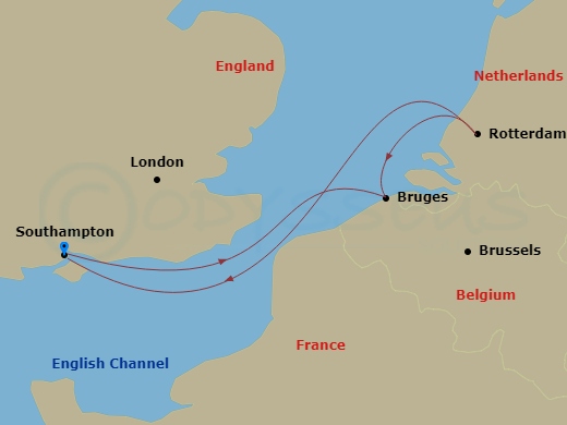4 Night - Zeebrugge and Rotterdam - Queen Anne - Starting in Southampton, England, UK, Zeebrugge (tours to Bruges), Belgium, Rotterdam, Netherlands, Southampton, England, UK itinerary map