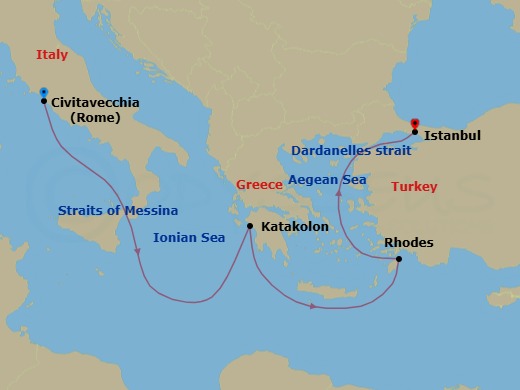7 Night - Greece and Turkiye - Queen Elizabeth - Starting in Civitavecchia (tours to Rome), Italy, Messina Strait, Italy (Transit), Katakolon (tours to Olympia), Greece, Rhodes, Greece, Dardanelles Strait, Turkey (Transit), Istanbul, Turkey itinerary map
