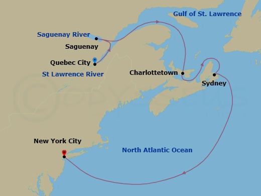 7 Night - Canada / New England from Quebec to New York City - Queen Mary 2 - Starting in Quebec, QC, Canada, Saguenay, QC, Canada, Charlottetown, PE, Canada, Sydney NS, Canada, New York, NY itinerary map