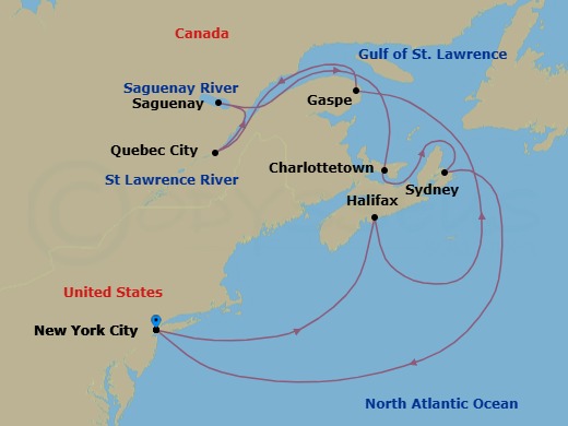 14 Night - Canada / New England Roundtrip from New York City - Queen Mary 2 - Starting in New York, NY, Halifax, NS, Canada, Gaspe, QC, Canada, Quebec, QC, Canada, Saguenay, QC, Canada, Charlottetown, PE, Canada, Sydney NS, Canada, New York, NY itinerary map