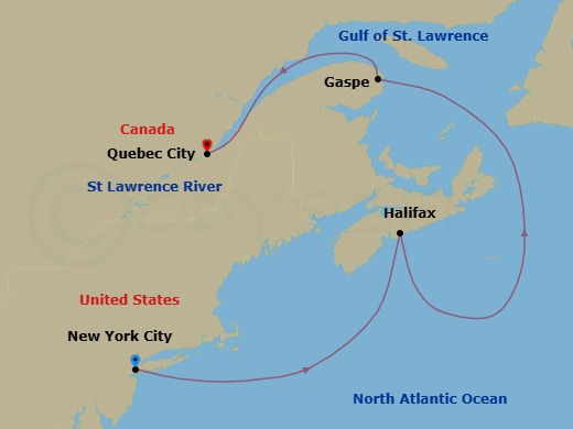 7 Night - Canada / New England from New York City to Quebec - Queen Mary 2 - Starting in New York, NY, Halifax, NS, Canada, Gaspe, QC, Canada, Quebec, QC, Canada itinerary map