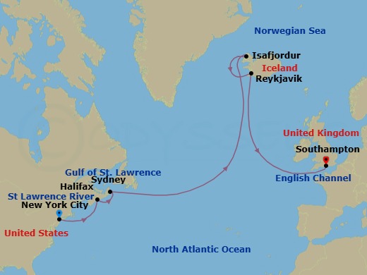 14 Night - Iceland and Canada - Queen Mary 2 - Starting in New York, NY, Halifax, NS, Canada, Sydney NS, Canada, Isafjordur, Iceland, Reykjavik, Iceland, Southampton, England, UK itinerary map