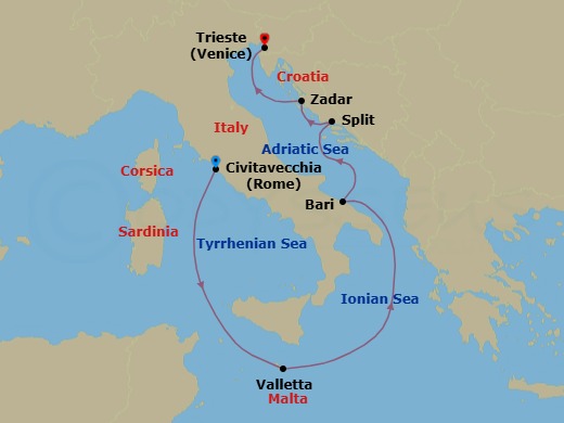 7 Night - Italy, Malta and Adriatic - Queen Elizabeth - Starting in Civitavecchia (tours to Rome), Italy, Valletta, Malta, Bari, Italy, Split, Croatia, Zadar, Croatia, Trieste, Italy itinerary map