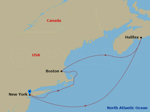 7 Night - Independence Day Celebration - Queen Mary 2 - Starting in New York, NY, Halifax, NS, Canada, Boston, MA, New York, NY itinerary map