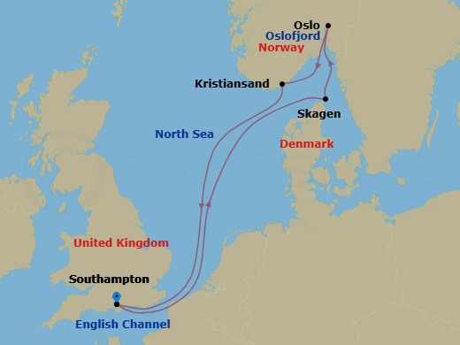 7 Night - Norway and Denmark - Queen Anne - Starting in Southampton, England, UK, Skagen, Denmark, Oslo, Norway, Oslofjord, Norway (Scenic Cruising), Kristiansand, Norway, Southampton, England, UK itinerary map