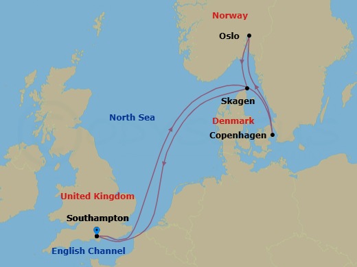7 Night - Norway and Denmark - Queen Anne - Starting in Southampton, England, UK, Copenhagen, Denmark, Oslofjord, Norway (Scenic Cruising), Oslo, Norway, Skagen, Denmark, Southampton, England, UK itinerary map