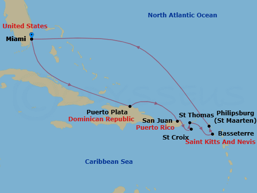 10 Night - Eastern Caribbean Cruise - Brilliant Lady - Starting in Miami, Florida, Puerto Plata, Dominican Republic, San Juan, Puerto Rico, St Croix, US Virgin Islands, Charlotte Amalie, St Thomas, Basseterre, Saint Kitts and Nevis, Philipsburg, Sint Maarten, Miami, Florida itinerary map