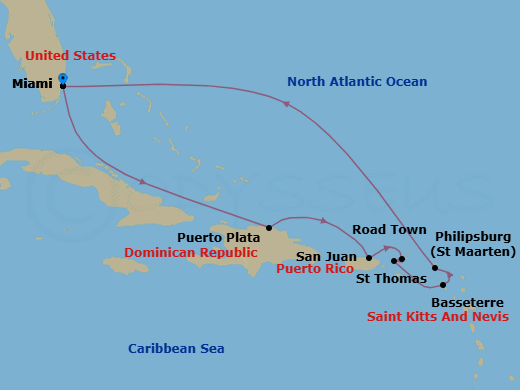 10 Night - Eastern Caribbean Cruise - Brilliant Lady - Starting in Miami, Florida, Puerto Plata, Dominican Republic, San Juan, Puerto Rico, Tortola, British Virgin Islands, Charlotte Amalie, St Thomas, Basseterre, Saint Kitts and Nevis, Philipsburg, Sint Maarten, Miami, Florida itinerary map
