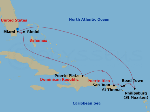 10 Night - Eastern Caribbean & Bimini Beach Club - Brilliant Lady - Starting in Miami, Florida, Philipsburg, Sint Maarten, Tortola, British Virgin Islands, Charlotte Amalie, St Thomas, San Juan, Puerto Rico, Puerto Plata, Dominican Republic, The Beach Club at Bimini, Bahamas, Miami, Florida itinerary map