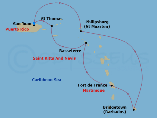 7 Night - Southern Caribbean Cruise - Scarlet Lady - Starting in San Juan, Puerto Rico, Philipsburg, Sint Maarten, Bridgetown, Barbados, Fort-De-France, Martinique, Basseterre, Saint Kitts and Nevis, Charlotte Amalie, St Thomas, San Juan, Puerto Rico itinerary map