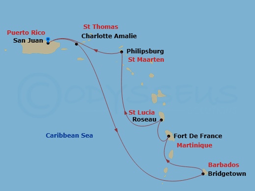 7 Night - Southern Caribbean Cruise - Scarlet Lady - Starting in San Juan, Puerto Rico, Charlotte Amalie, St Thomas, Bridgetown, Barbados, Fort-De-France, Martinique, Roseau, Dominica, Philipsburg, Sint Maarten, San Juan, Puerto Rico itinerary map