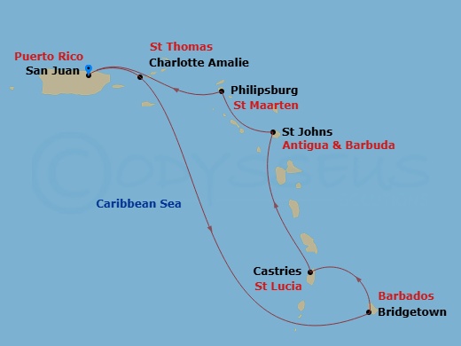 7 Night - Southern Caribbean Cruise - Scarlet Lady - Starting in San Juan, Puerto Rico, Charlotte Amalie, St Thomas, Bridgetown, Barbados, Castries, Saint Lucia, St Johns AG, Antigua and Barbuda, Philipsburg, Sint Maarten, San Juan, Puerto Rico itinerary map