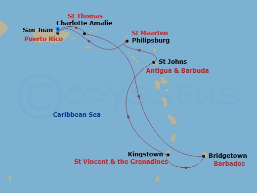 7 Night - Southern Caribbean Cruise - Scarlet Lady - Starting in San Juan, Puerto Rico, Charlotte Amalie, St Thomas, Bridgetown, Barbados, Kingstown, Saint Vincent and the Grenadines, St Johns AG, Antigua and Barbuda, Philipsburg, Sint Maarten, San Juan, Puerto Rico itinerary map