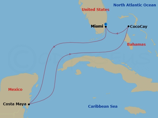 5 Night - Perfect Day Cococay & West Carib - Freedom of the Seas - Starting in Miami, Florida, Puerto Costa Maya, Mexico, Perfect Day Cococay, Bahamas, Miami, Florida itinerary map