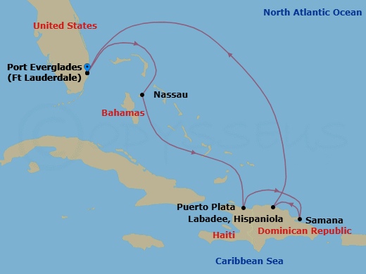 7 Night - Eastern Caribbean Cruise - Explorer of the Seas - Starting in Fort Lauderdale, Florida, Nassau, Bahamas, Labadee, Haiti, Samana, Dominican Republic, Puerto Plata, Dominican Republic, Fort Lauderdale, Florida itinerary map