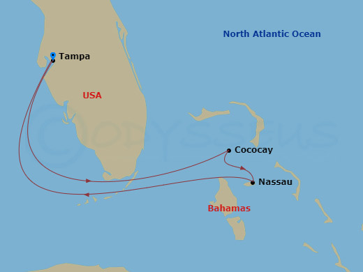 5 Night - Perfect Day Cococay & Bahamas - Enchantment of the Seas - Starting in Tampa, Florida, Perfect Day Cococay, Bahamas, Nassau, Bahamas, Tampa, Florida itinerary map