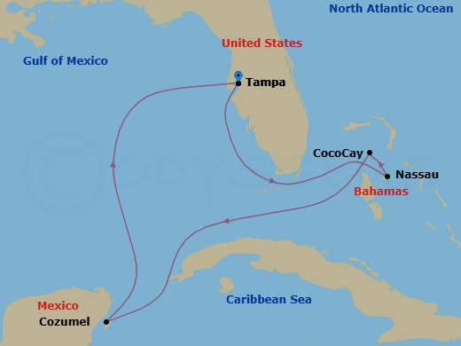 7 Night - Perfect Day Cococay & West Carib - Enchantment of the Seas - Starting in Tampa, Florida, Nassau, Bahamas, Perfect Day Cococay, Bahamas, Cozumel, Mexico, Tampa, Florida itinerary map