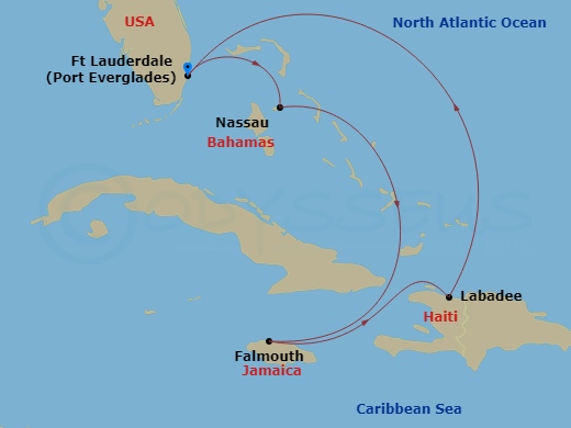 6 Night - Western Caribbean Cruise - Explorer of the Seas - Starting in Fort Lauderdale, Florida, Nassau, Bahamas, Falmouth, Jamaica, Labadee, Haiti, Fort Lauderdale, Florida itinerary map