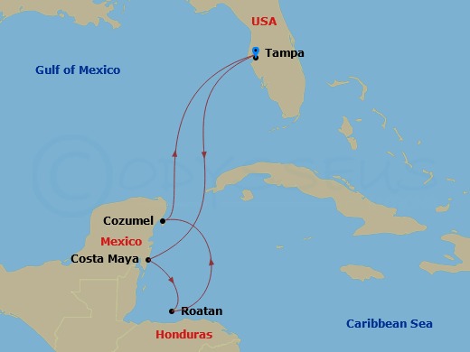 7 Night - Western Caribbean Cruise - Enchantment of the Seas - Starting in Tampa, Florida, Puerto Costa Maya, Mexico, Roatan, Honduras, Cozumel, Mexico, Tampa, Florida itinerary map