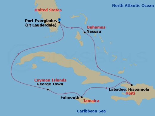 8 Night - Western Caribbean Cruise - Explorer of the Seas - Starting in Fort Lauderdale, Florida, Nassau, Bahamas, Labadee, Haiti, Falmouth, Jamaica, George Town, Grand Cayman, Fort Lauderdale, Florida itinerary map