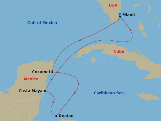 6 Night - Western Caribbean Cruise - Explorer of the Seas - Starting in Fort Lauderdale, Florida, Cozumel, Mexico, Roatan, Honduras, Puerto Costa Maya, Mexico, Fort Lauderdale, Florida itinerary map