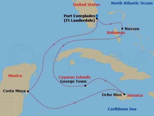 8 Night - Western Caribbean Cruise - Explorer of the Seas - Starting in Fort Lauderdale, Florida, Nassau, Bahamas, George Town, Grand Cayman, Ocho Rios, Jamaica, Puerto Costa Maya, Mexico, Fort Lauderdale, Florida itinerary map