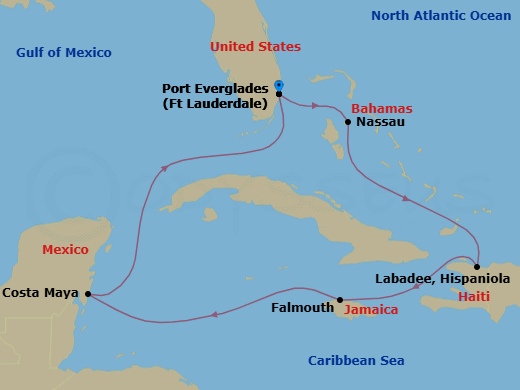 8 Night - Western Caribbean Cruise - Explorer of the Seas - Starting in Fort Lauderdale, Florida, Nassau, Bahamas, Labadee, Haiti, Falmouth, Jamaica, Puerto Costa Maya, Mexico, Fort Lauderdale, Florida itinerary map