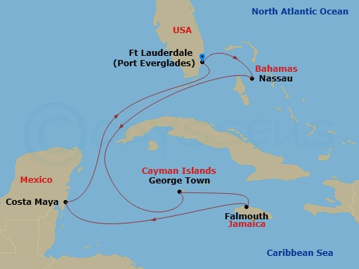 8 Night - Western Caribbean Cruise - Explorer of the Seas - Starting in Fort Lauderdale, Florida, Nassau, Bahamas, George Town, Grand Cayman, Falmouth, Jamaica, Puerto Costa Maya, Mexico, Fort Lauderdale, Florida itinerary map