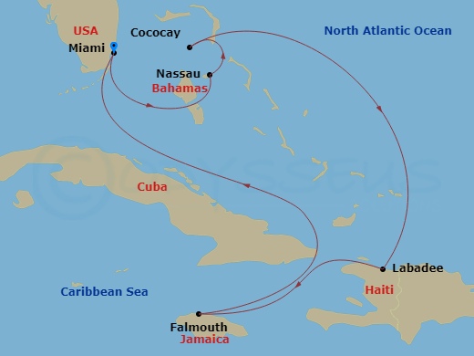 7 Night - Perfect Day Cococay & West Carib - Allure of the Seas - Starting in Miami, Florida, Nassau, Bahamas, Perfect Day Cococay, Bahamas, Labadee, Haiti, Falmouth, Jamaica, Miami, Florida itinerary map