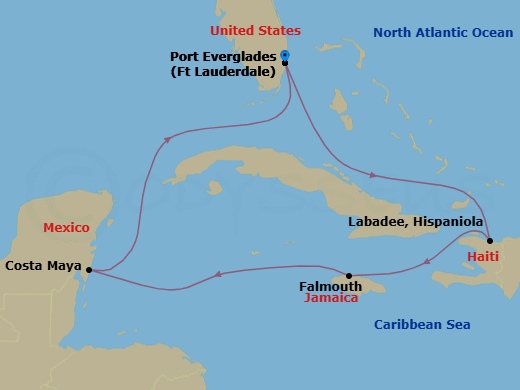 7 Night - Western Caribbean Cruise - Explorer of the Seas - Starting in Fort Lauderdale, Florida, Labadee, Haiti, Falmouth, Jamaica, Puerto Costa Maya, Mexico, Fort Lauderdale, Florida itinerary map