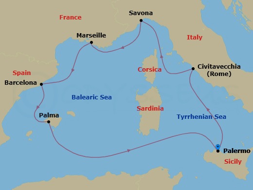 7 Night - Western Mediterranean from Palermo - Costa Toscana - Starting in Palermo (Sicily), Civitavecchia / Rome, Savona, Italy, Marseille, France, Barcelona, Spain, Balearic sea darkest spot, Palma De Mallorca, Spain, Palermo (Sicily) itinerary map