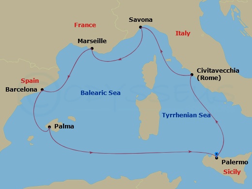 7 Night - Western Mediterranean from Palermo - Costa Toscana - Starting in Palermo (Sicily), Civitavecchia / Rome, Savona, Italy, Marseille, France, Barcelona, Spain, Palma De Mallorca, Spain, Palermo (Sicily) itinerary map