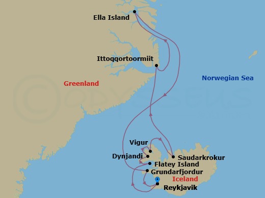 11 Night - National Parks of East Greenland & Iceland - Scenic Eclipse - Starting in Reykjavik, Iceland, Flatey Island, Dynjandivogur Waterfall / Cruising Dyrafjordur, Vigur Island, Saudarkrokur / Sail across the Arctic Circle, At Sea Ittoqqortoormiit, Greenland, Cruising Kong Oscar Fjord, Ella Island, Nordfjord, Grundarfjordur, Iceland, Reykjavik, Iceland itinerary map