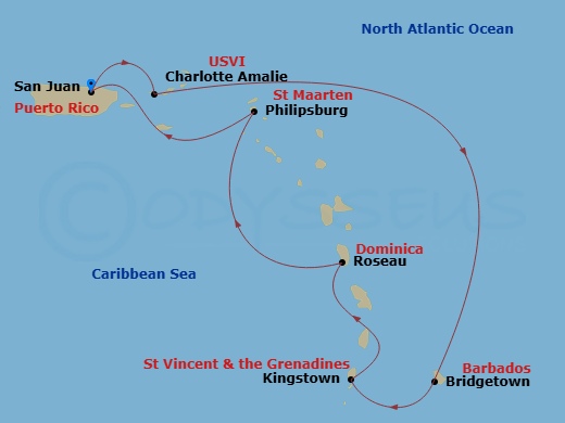 8 Night - Southern Caribbean Cruise - Valiant Lady - Starting in San Juan, Puerto Rico, Charlotte Amalie, St Thomas, Bridgetown, Barbados, Kingstown, Saint Vincent and the Grenadines, Roseau, Dominica, Philipsburg, Sint Maarten, San Juan, Puerto Rico itinerary map