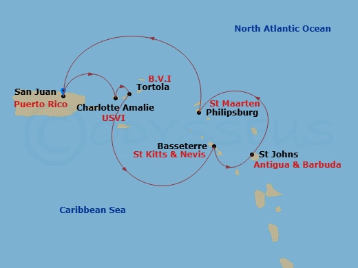 7 Night - Southern Caribbean Cruise - Valiant Lady - Starting in San Juan, Puerto Rico, Charlotte Amalie, St Thomas, Road Town, Tortola, British Virgin Islands, Basseterre, Saint Kitts and Nevis, St Johns AG, Antigua and Barbuda, Philipsburg, Sint Maarten, San Juan, Puerto Rico itinerary map