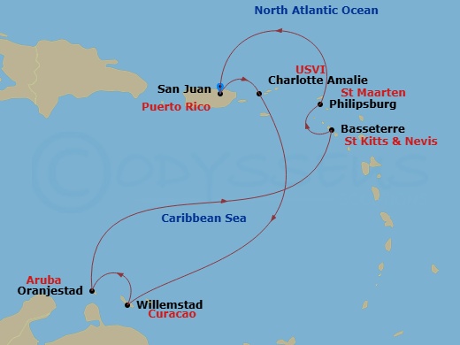 8 Night - Southern Caribbean Cruise - Valiant Lady - Starting in San Juan, Puerto Rico, Charlotte Amalie, St Thomas, Willemstad AN, Curacao, Oranjestad, Aruba, Basseterre, Saint Kitts and Nevis, Philipsburg, Sint Maarten, San Juan, Puerto Rico itinerary map