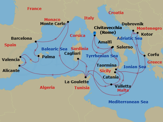 23 Night - Europe & Mediterranean - Crystal Symphony - Starting in Civitavecchia (Rome), Amalfi, Dubrovnik, Croatia, Kotor, Corfu, Catania, Valletta, Tunis (La Goulette), Cagliari (Sardinia), Alicante, Valencia, Palma De Mallorca, Barcelona, Monte Carlo, Tunis (La Goulette), Valletta, Giardini Naxos (Taormina, Sicily), Salerno, Civitavecchia (Rome) itinerary map
